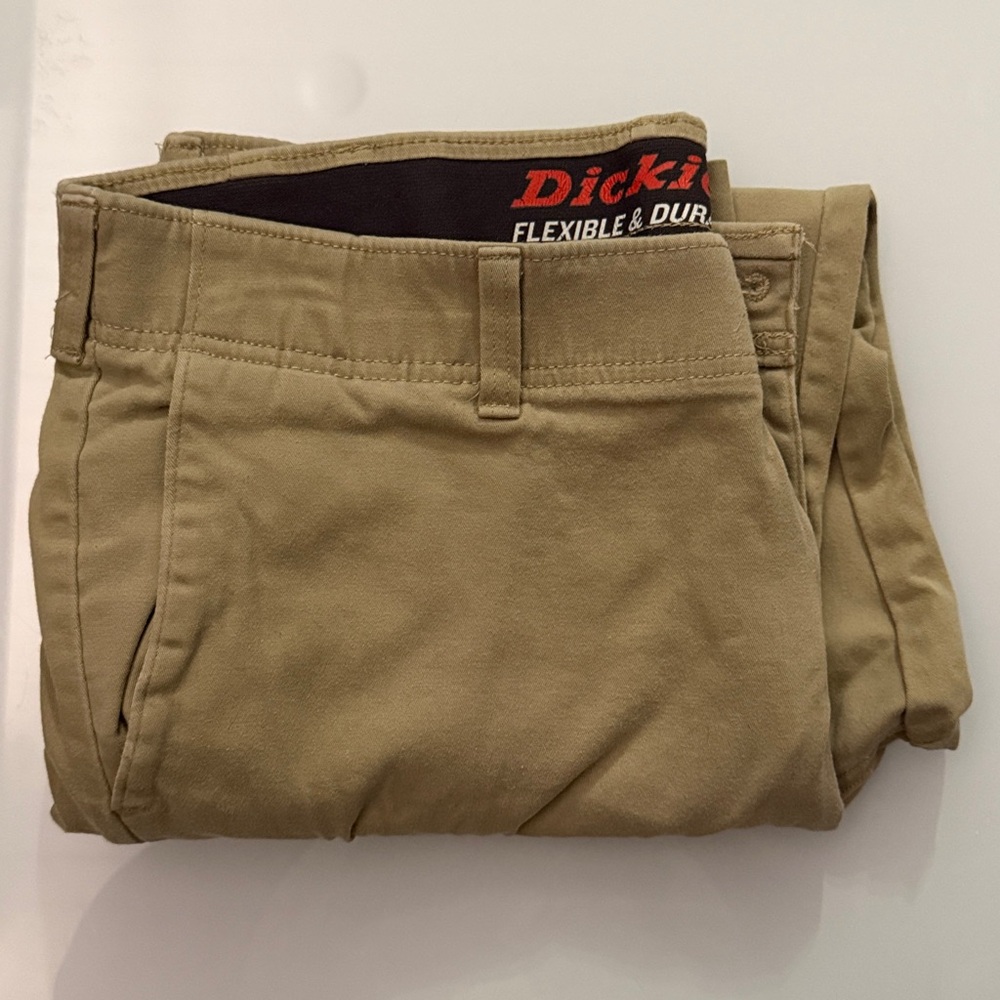 Dickies Khaki Work Pants with Black Waistband and Red Logo